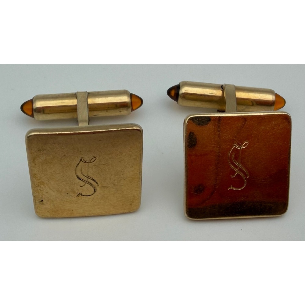 Krementz Vintage Gold Tone Monogram S Square Cufflinks Amber Cabochon Accents